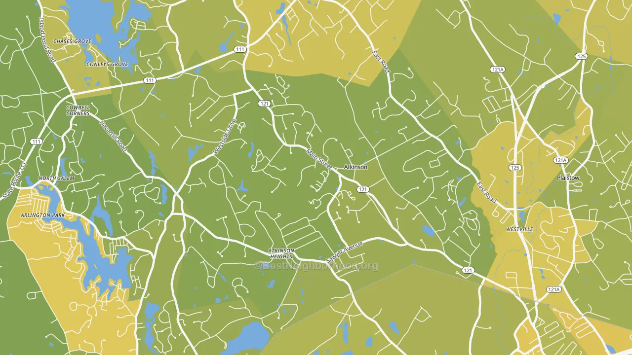 Map of the best neighborhoods in the 03811 area, with better matches in green and worse matches in red