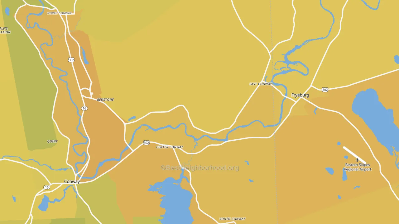 Map of the best neighborhoods in the 03813 area, with better matches in green and worse matches in red