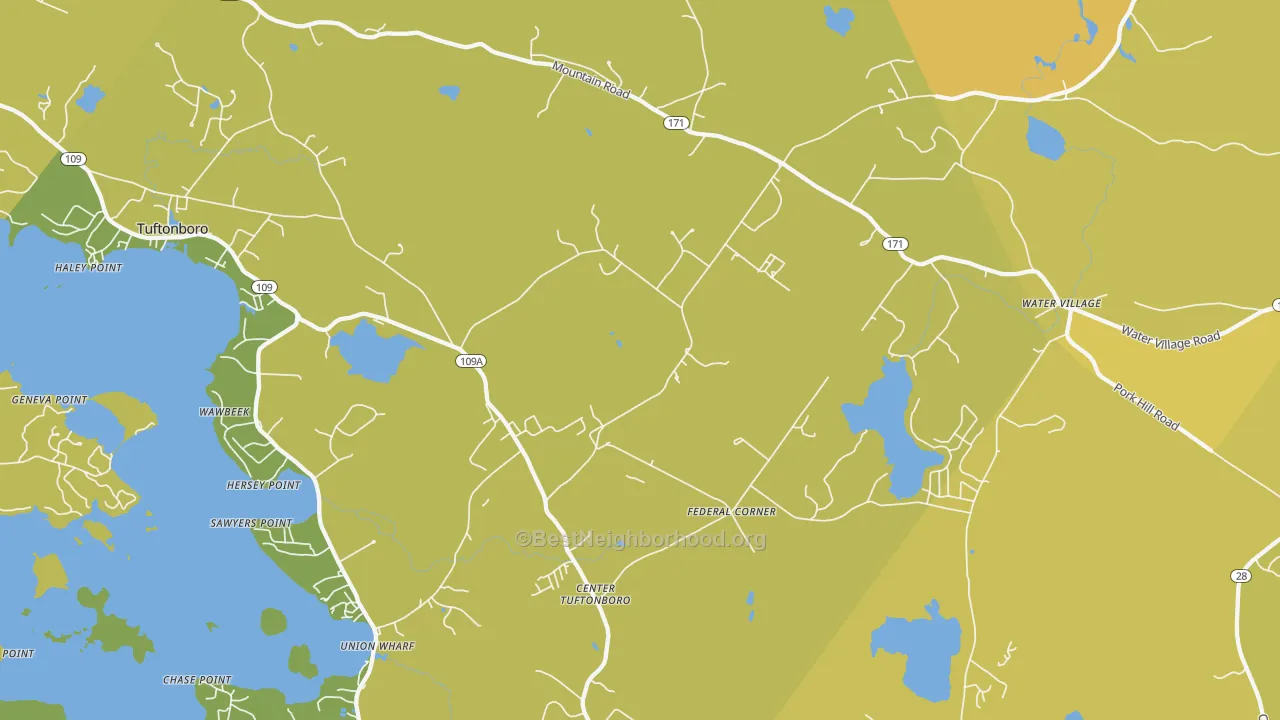 Map of the best neighborhoods in the 03816 area, with better matches in green and worse matches in red