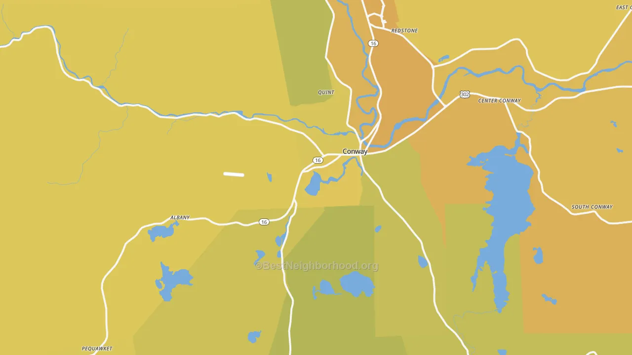Map of the best neighborhoods in the 03818 area, with better matches in green and worse matches in red