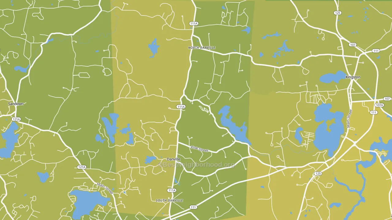 Map of the best neighborhoods in the 03819 area, with better matches in green and worse matches in red