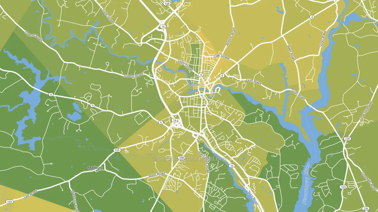 Map of the best neighborhoods in the 03820 area, with better matches in green and worse matches in red