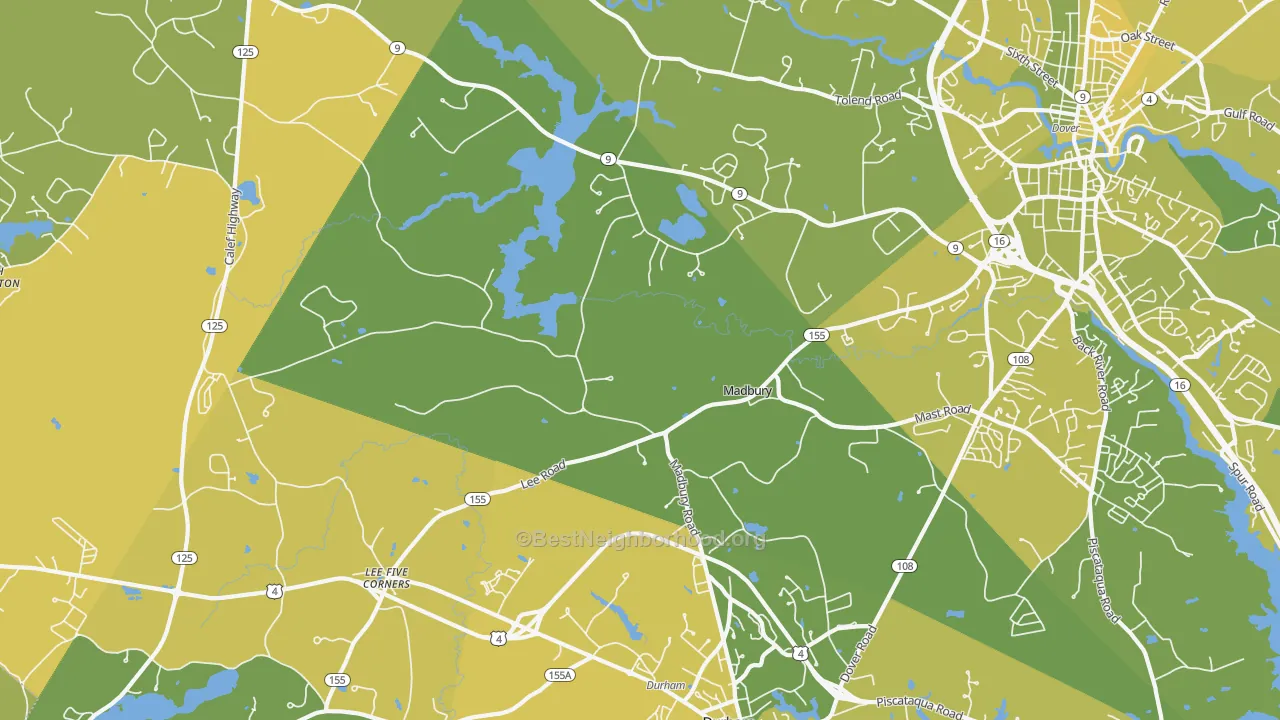 Map of the best neighborhoods in the 03823 area, with better matches in green and worse matches in red