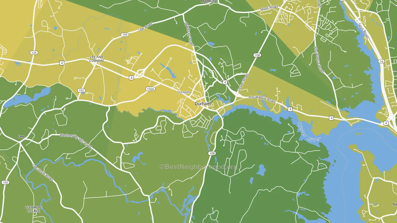 Map of the best neighborhoods in the 03824 area, with better matches in green and worse matches in red