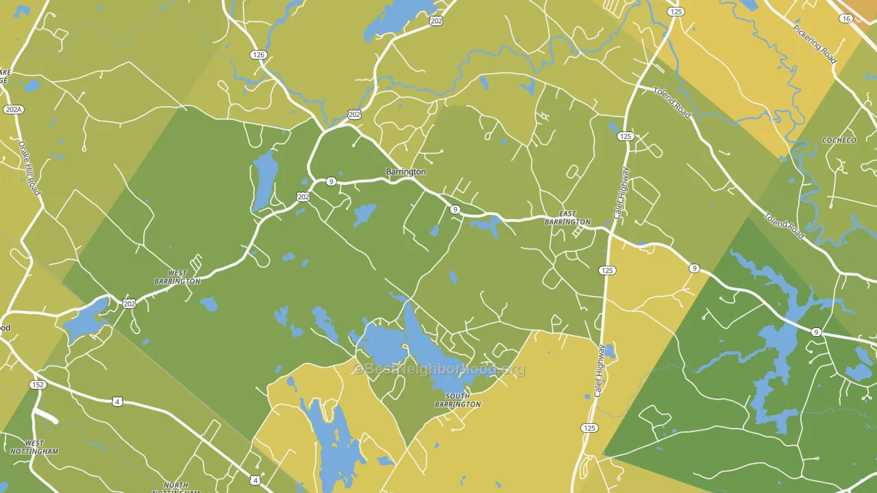 Map of the best neighborhoods in the 03825 area, with better matches in green and worse matches in red