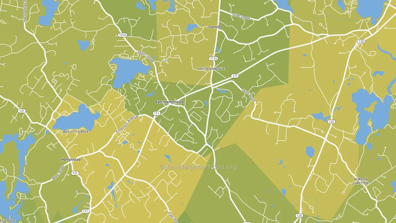 Map of the best neighborhoods in the 03826 area, with better matches in green and worse matches in red