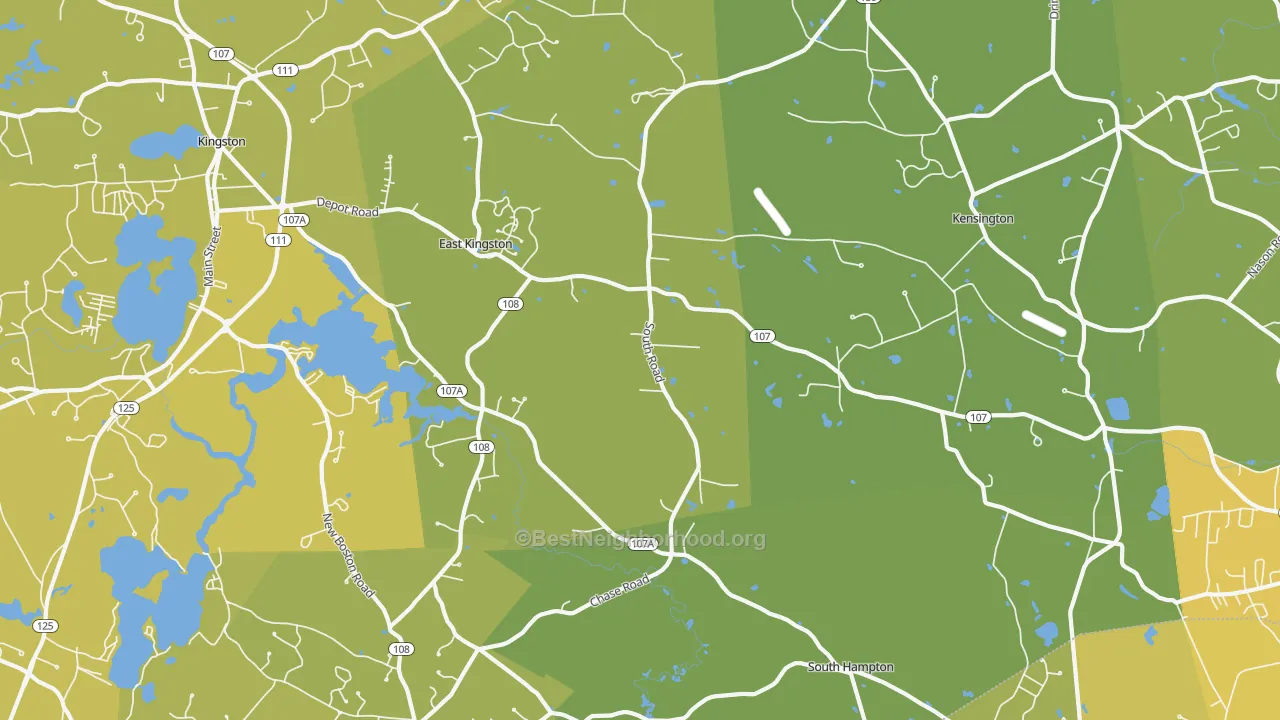 Map of the best neighborhoods in the 03827 area, with better matches in green and worse matches in red
