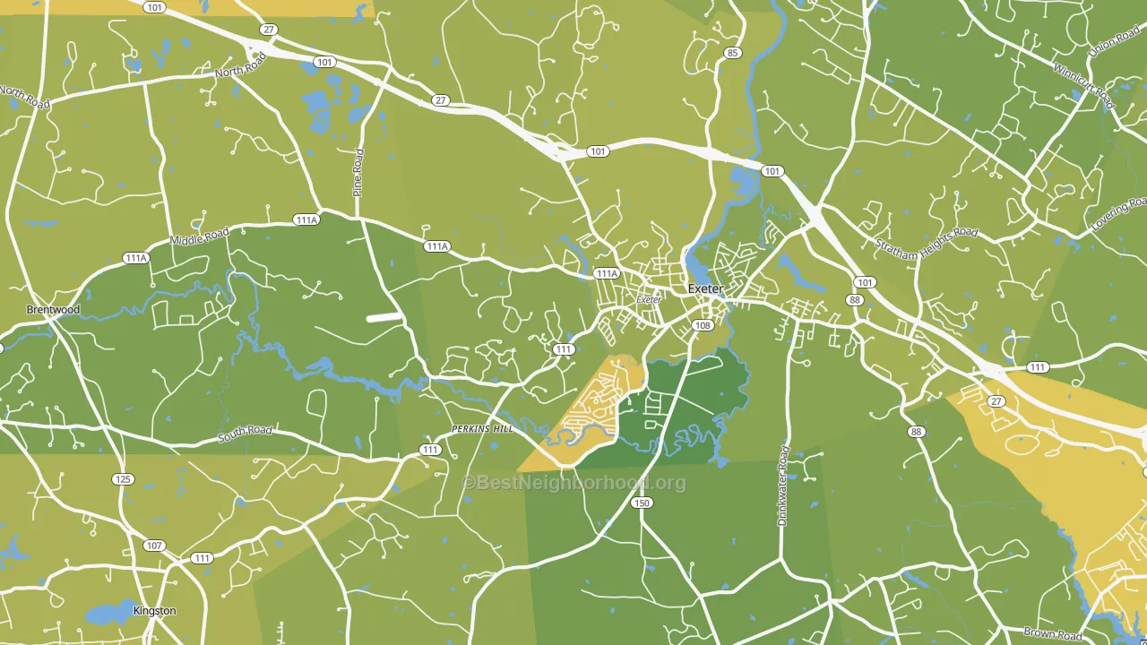 Map of the best neighborhoods in the 03833 area, with better matches in green and worse matches in red