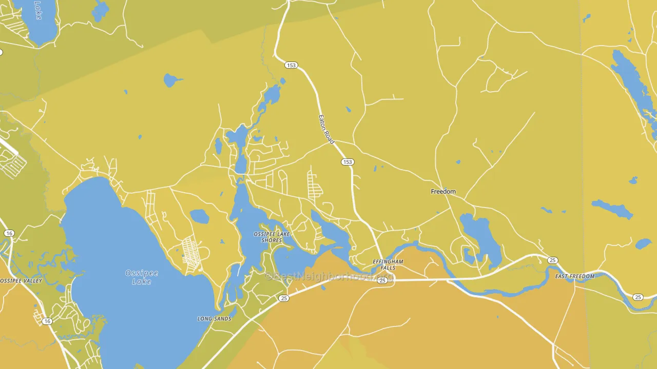 Map of the best neighborhoods in the 03836 area, with better matches in green and worse matches in red