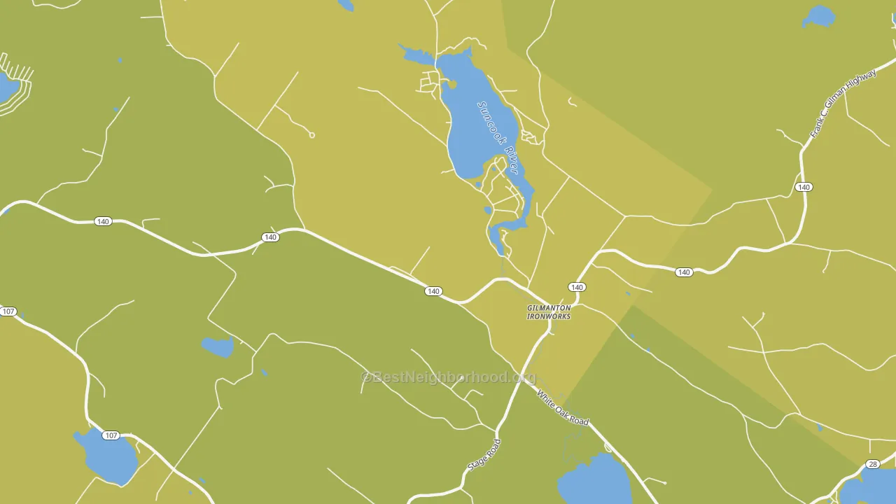 Map of the best neighborhoods in the 03837 area, with better matches in green and worse matches in red