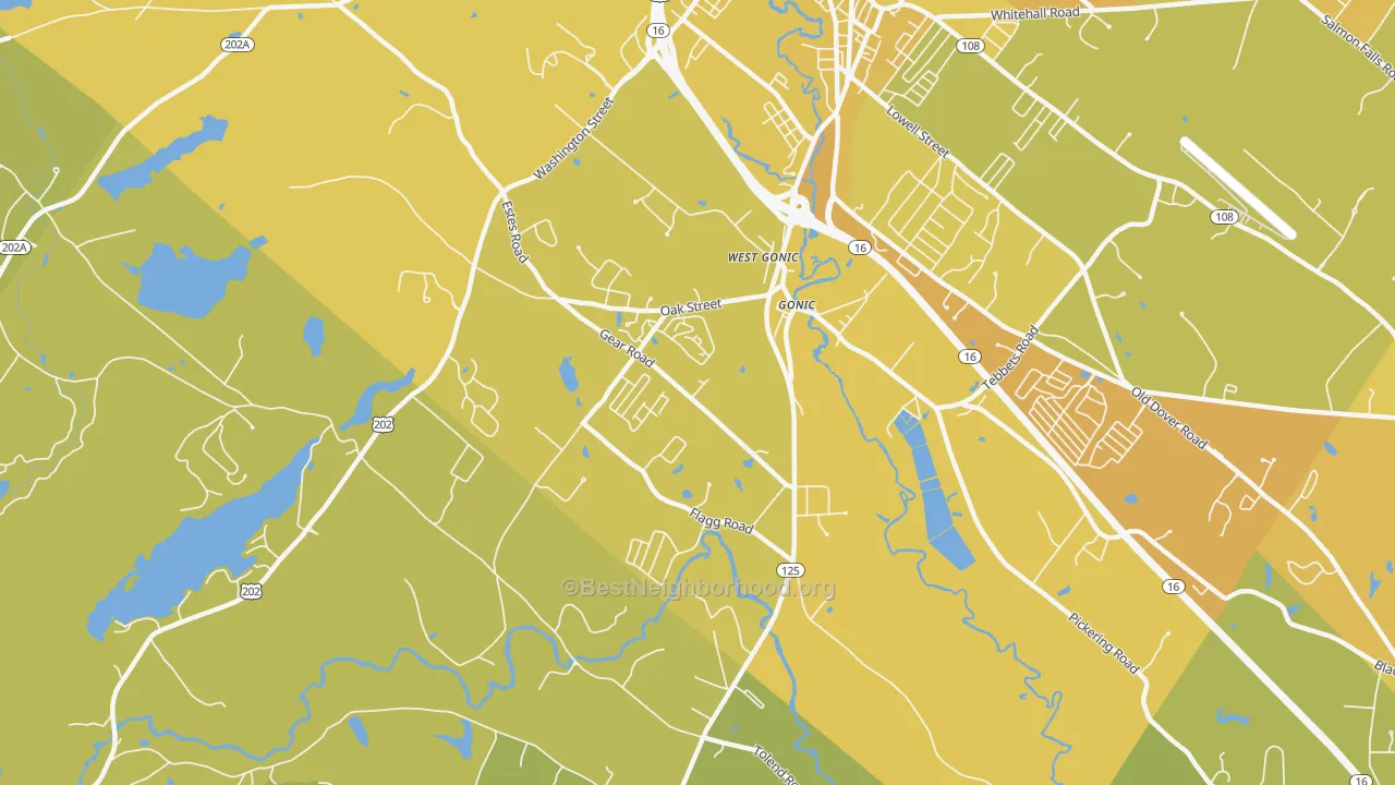 Map of the best neighborhoods in the 03839 area, with better matches in green and worse matches in red