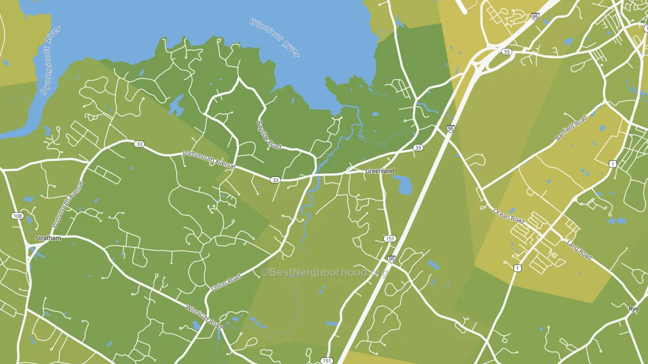 Map of the best neighborhoods in the 03840 area, with better matches in green and worse matches in red