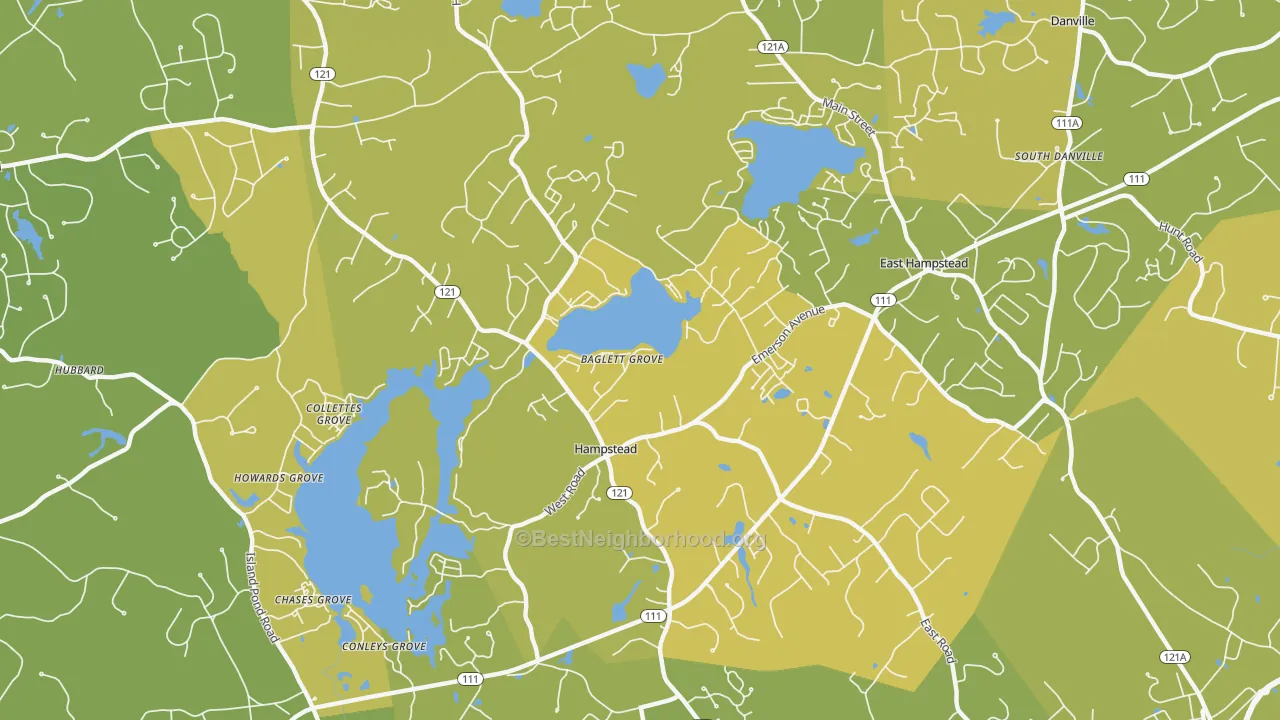 Map of the best neighborhoods in the 03841 area, with better matches in green and worse matches in red