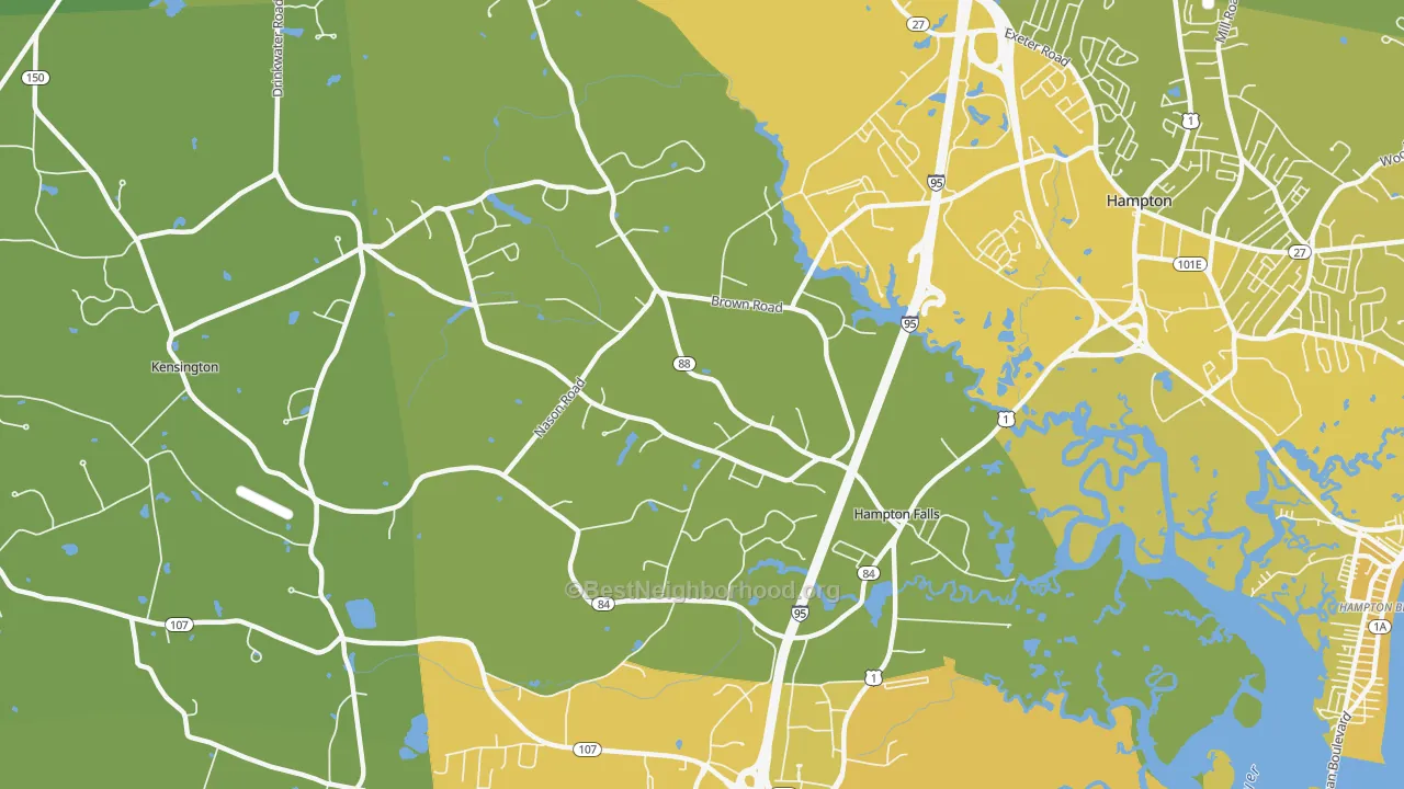 Map of the best neighborhoods in the 03844 area, with better matches in green and worse matches in red