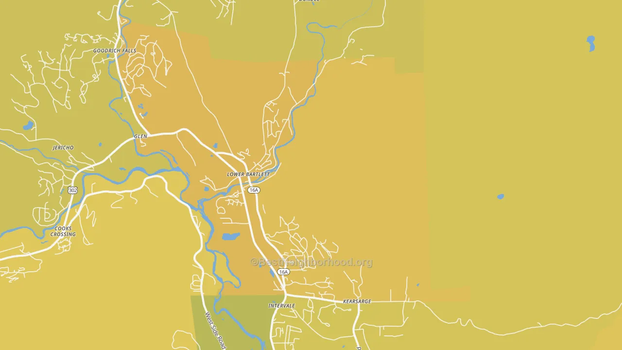 Map of the best neighborhoods in the 03845 area, with better matches in green and worse matches in red