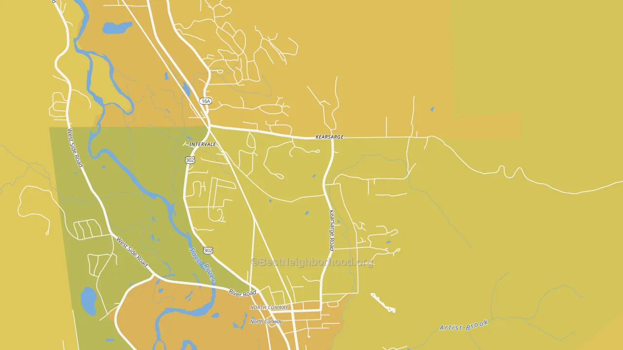 Map of the best neighborhoods in the 03847 area, with better matches in green and worse matches in red