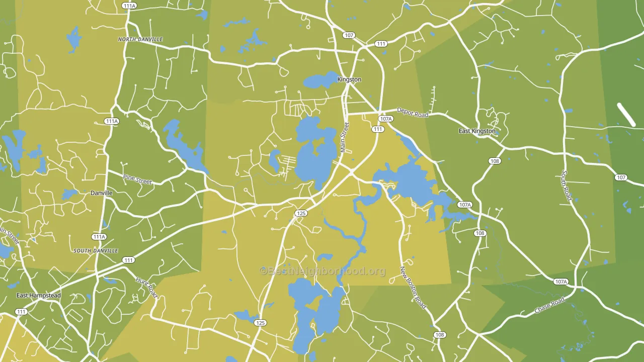 Map of the best neighborhoods in the 03848 area, with better matches in green and worse matches in red