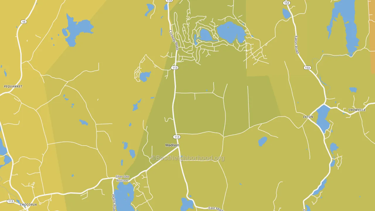 Map of the best neighborhoods in the 03849 area, with better matches in green and worse matches in red