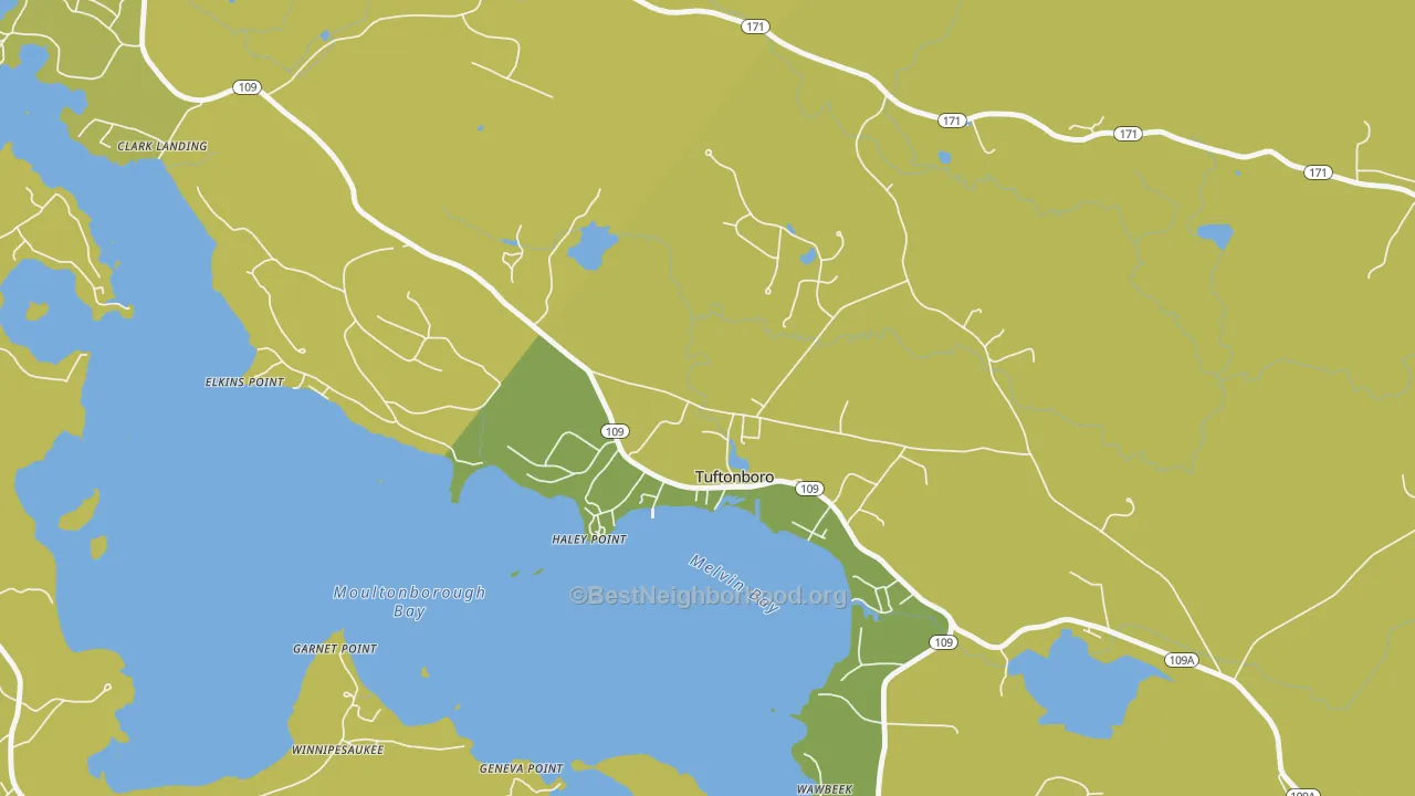 Map of the best neighborhoods in the 03850 area, with better matches in green and worse matches in red