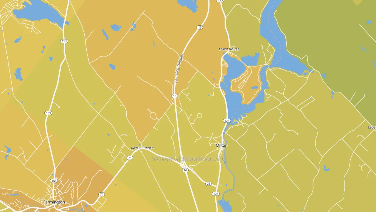 Map of the best neighborhoods in the 03851 area, with better matches in green and worse matches in red