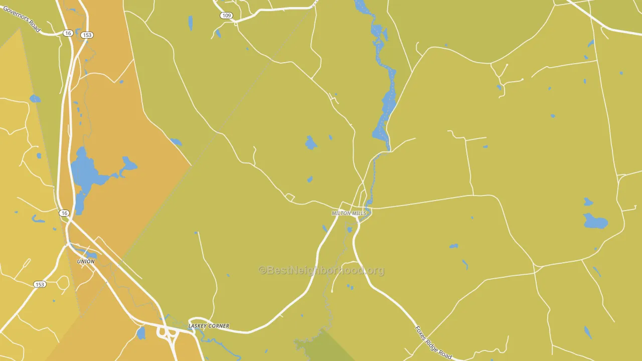 Map of the best neighborhoods in the 03852 area, with better matches in green and worse matches in red