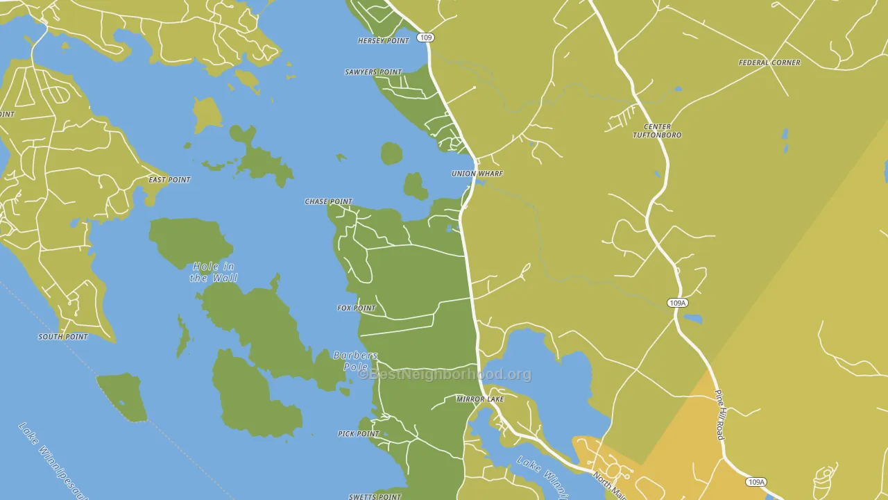 Map of the best neighborhoods in the 03853 area, with better matches in green and worse matches in red