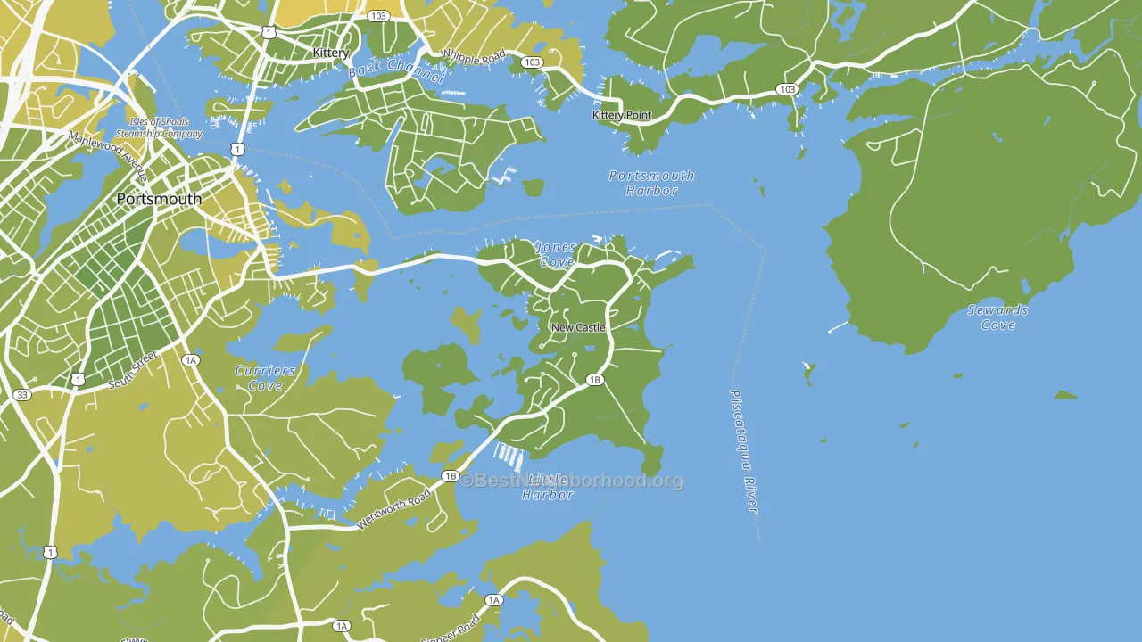 Map of the best neighborhoods in the 03854 area, with better matches in green and worse matches in red