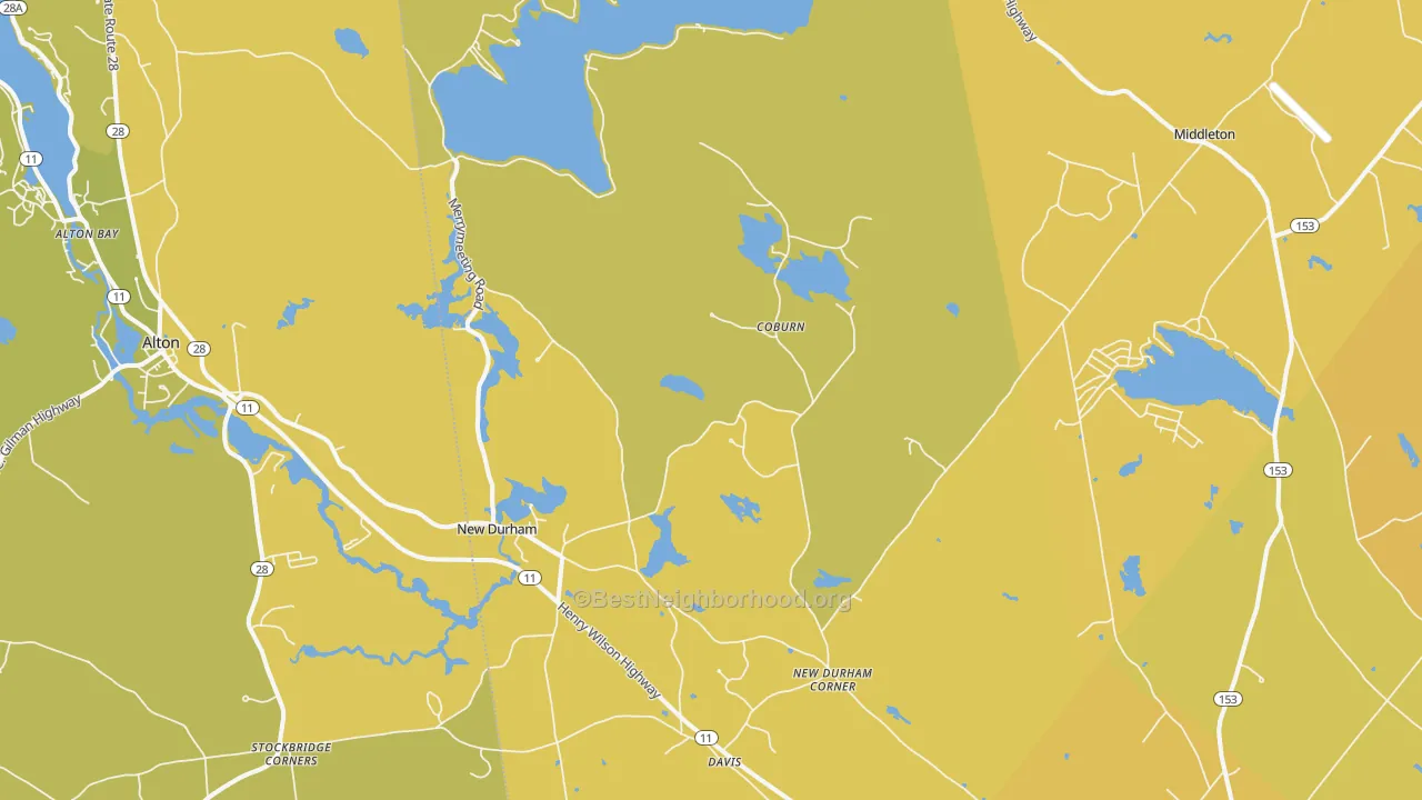 Map of the best neighborhoods in the 03855 area, with better matches in green and worse matches in red