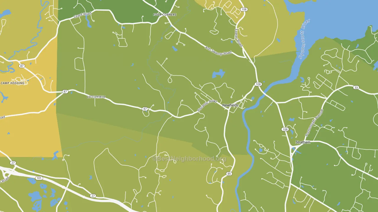 Map of the best neighborhoods in the 03856 area, with better matches in green and worse matches in red