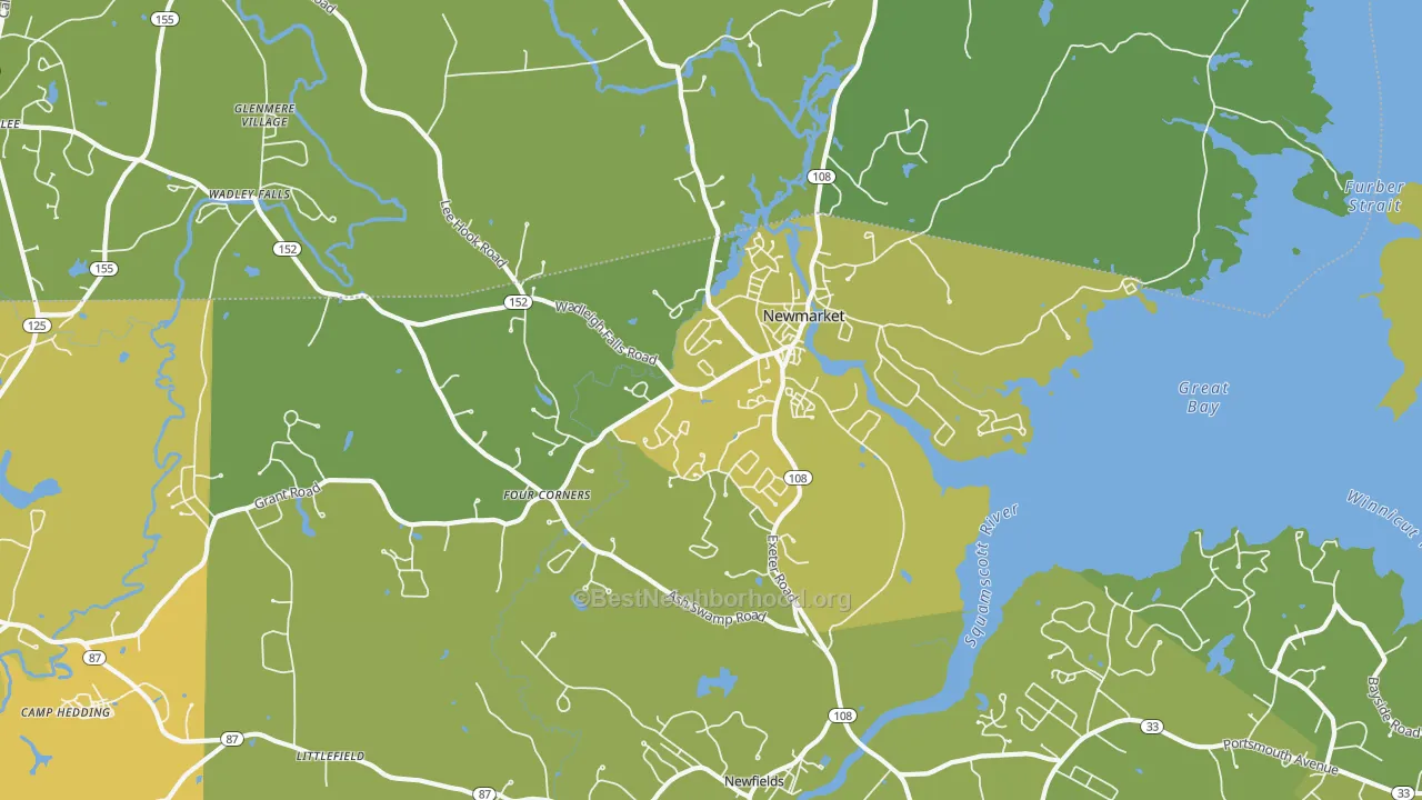Map of the best neighborhoods in the 03857 area, with better matches in green and worse matches in red