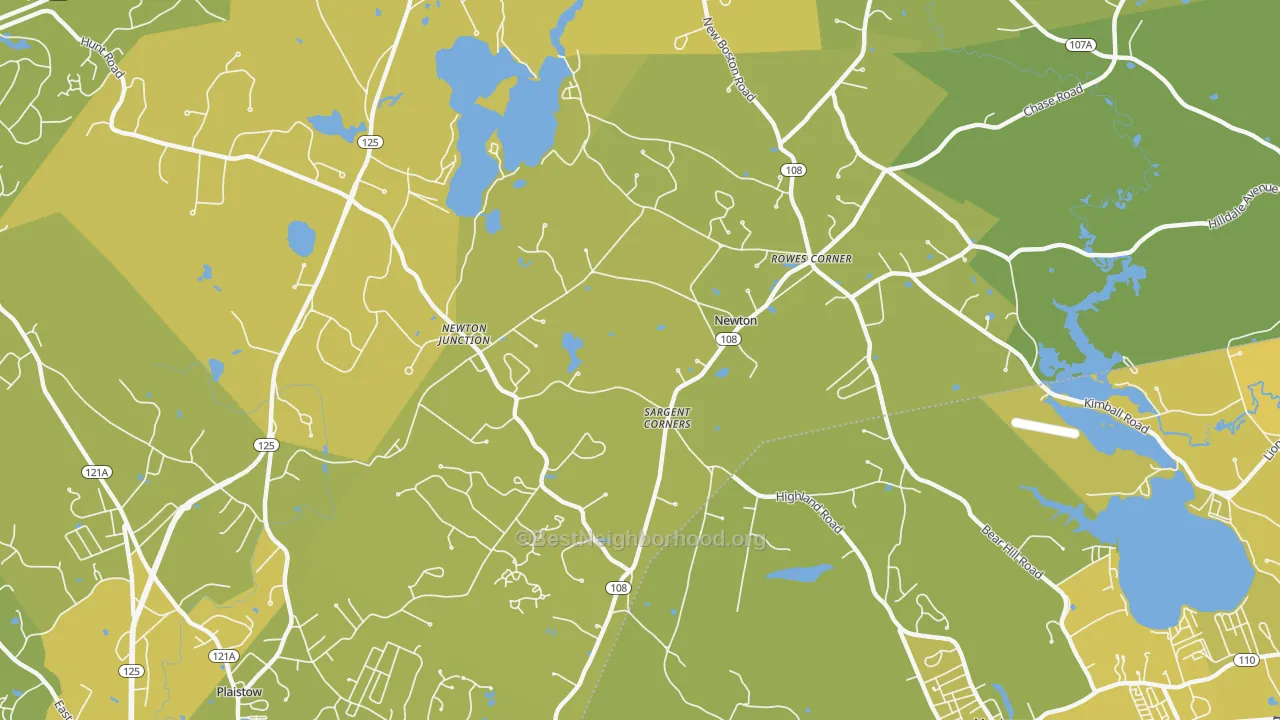 Map of the best neighborhoods in the 03858 area, with better matches in green and worse matches in red