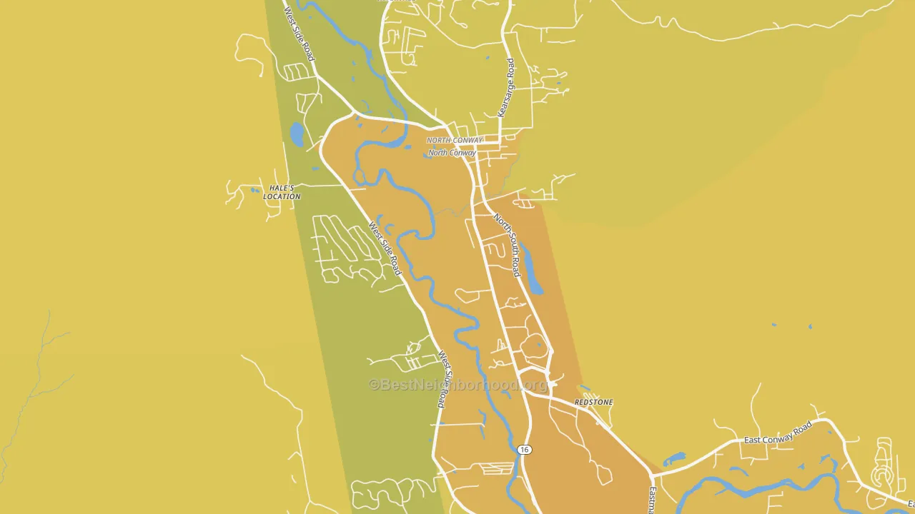 Map of the best neighborhoods in the 03860 area, with better matches in green and worse matches in red