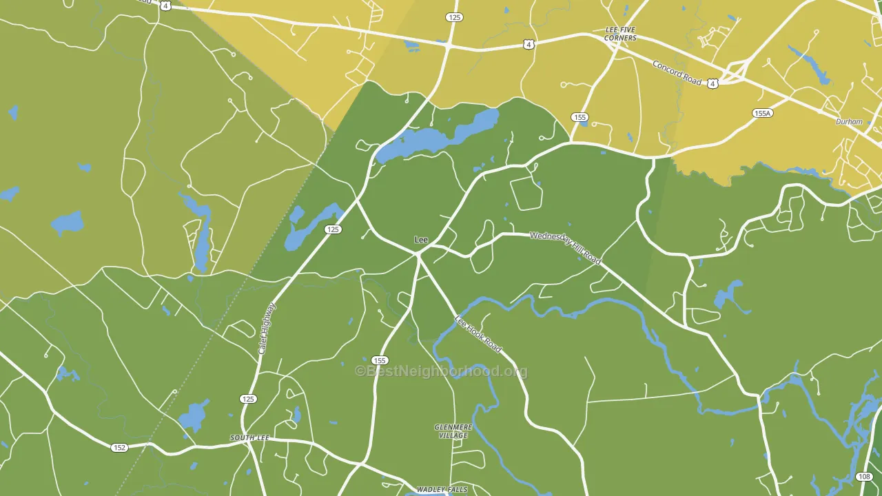 Map of the best neighborhoods in the 03861 area, with better matches in green and worse matches in red