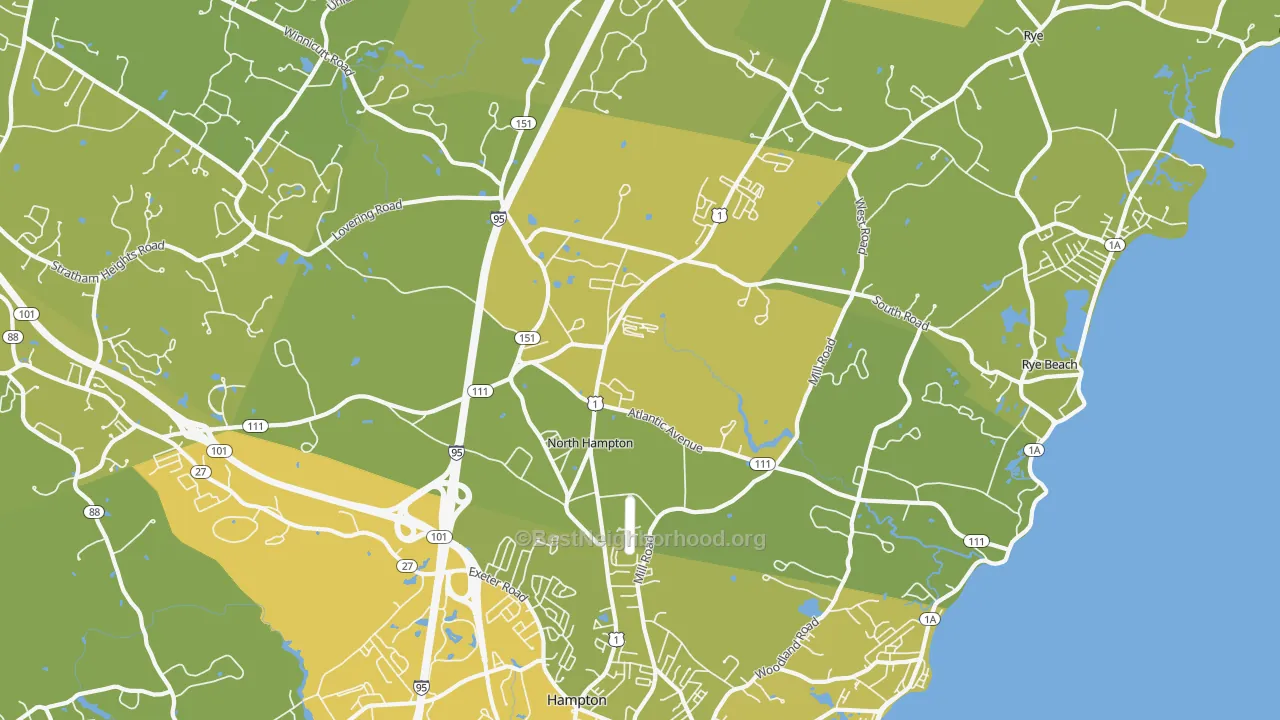 Map of the best neighborhoods in the 03862 area, with better matches in green and worse matches in red