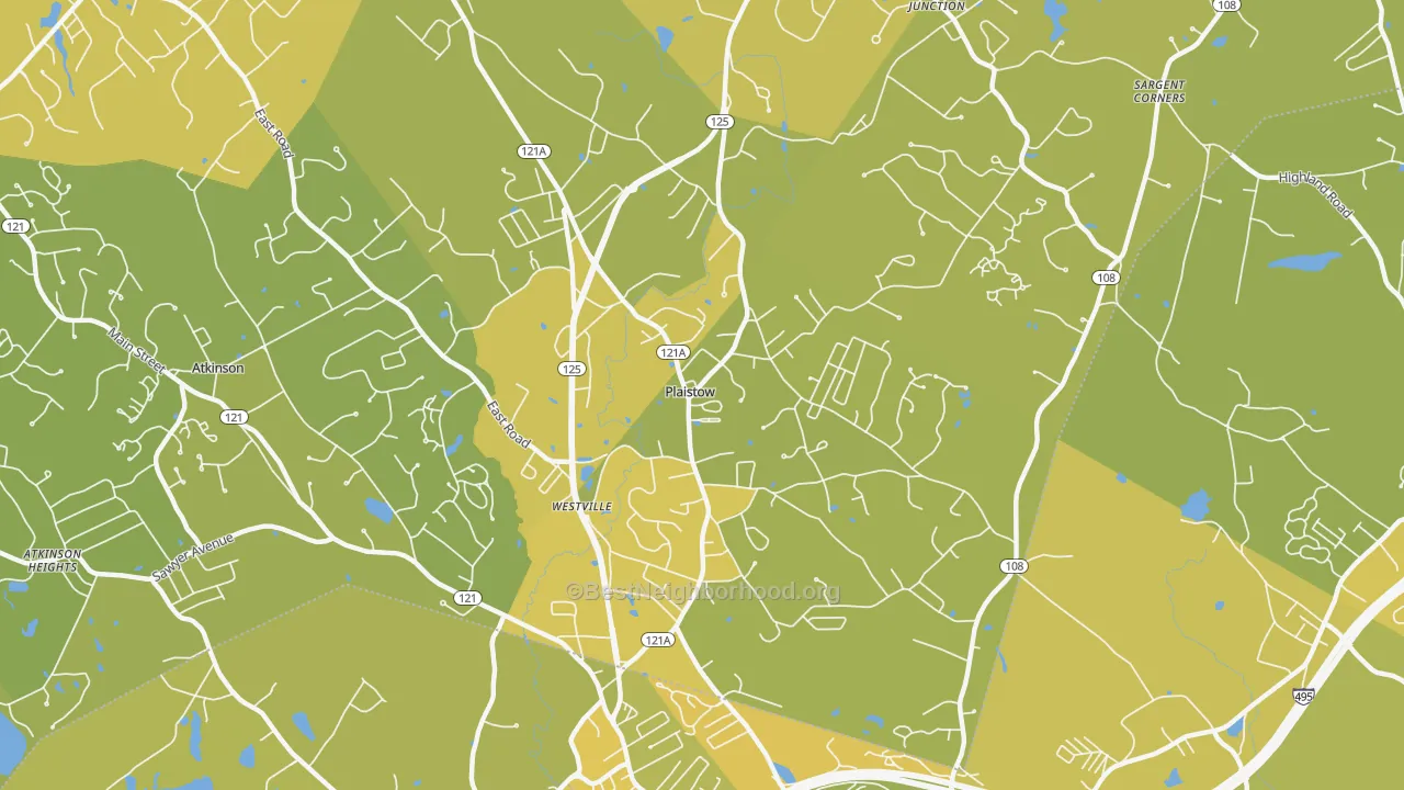 Map of the best neighborhoods in the 03865 area, with better matches in green and worse matches in red