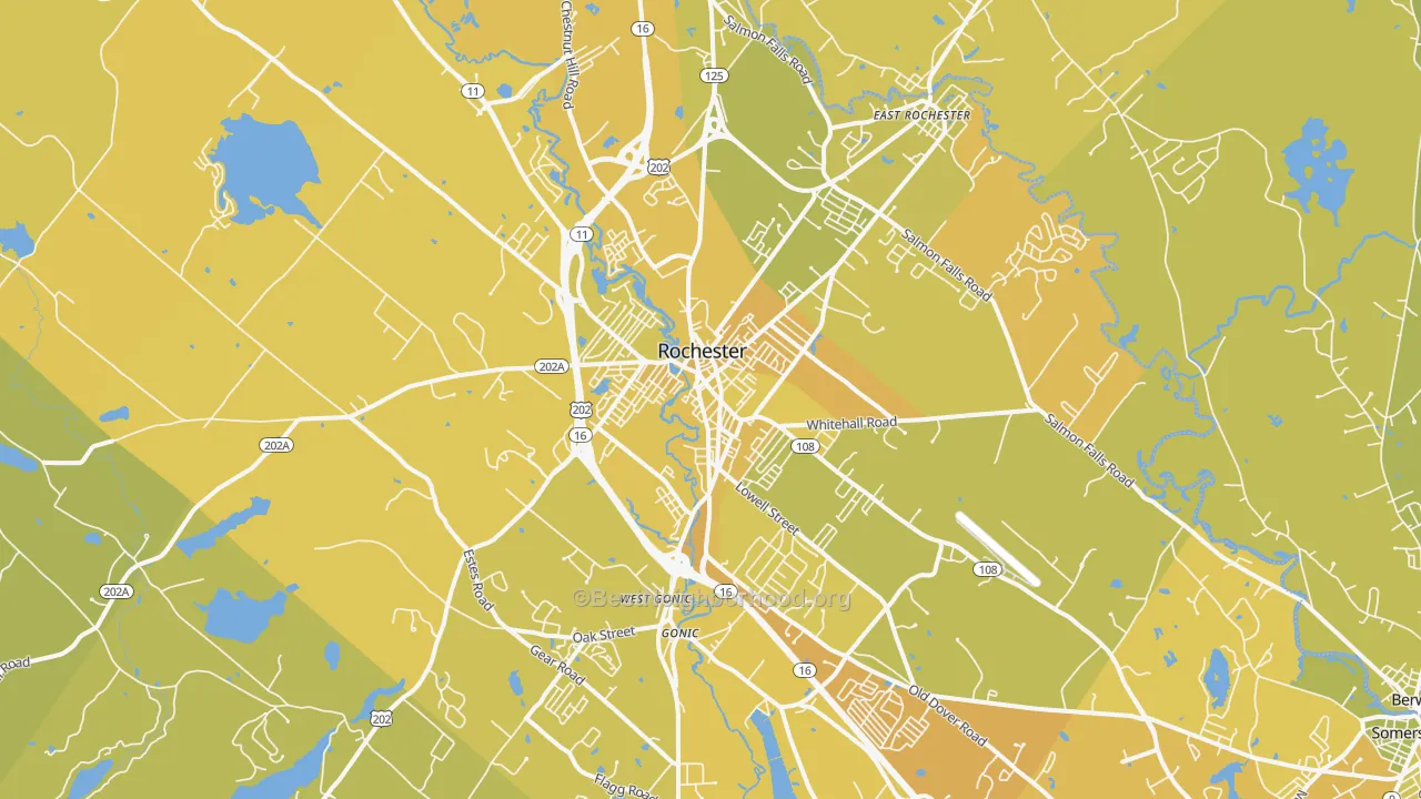 Map of the best neighborhoods in the 03867 area, with better matches in green and worse matches in red