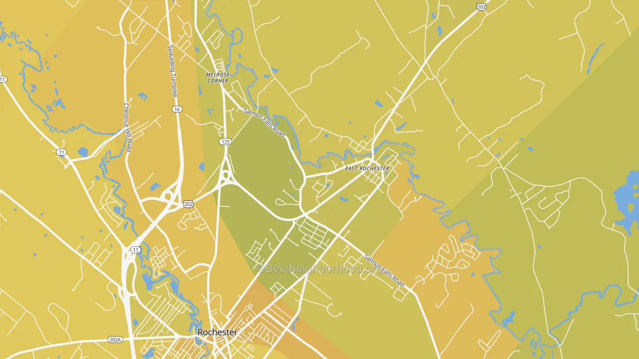 Map of the best neighborhoods in the 03868 area, with better matches in green and worse matches in red