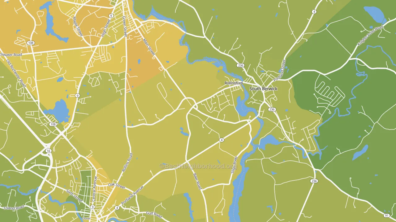 Map of the best neighborhoods in the 03869 area, with better matches in green and worse matches in red