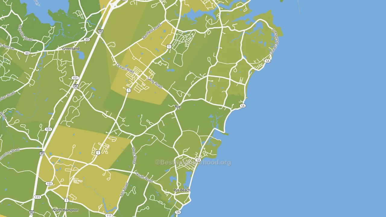 Map of the best neighborhoods in the 03870 area, with better matches in green and worse matches in red