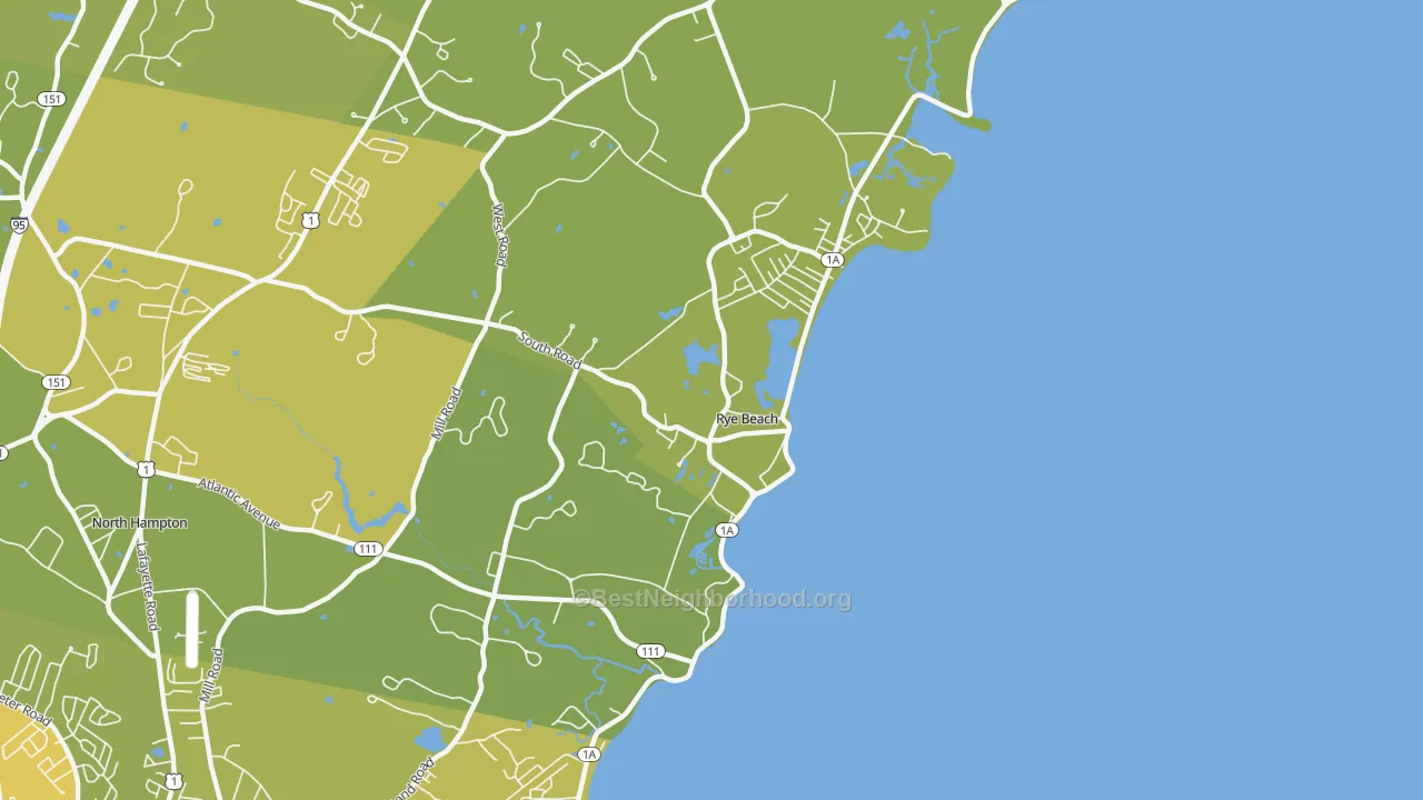 Map of the best neighborhoods in the 03871 area, with better matches in green and worse matches in red