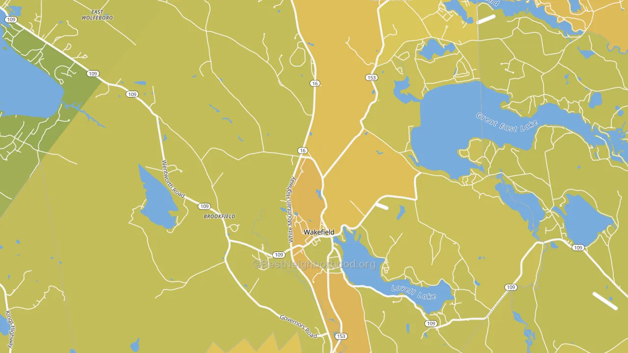 Map of the best neighborhoods in the 03872 area, with better matches in green and worse matches in red
