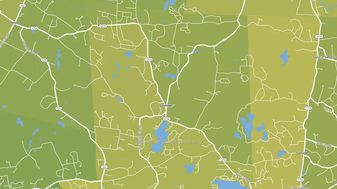 Map of the best neighborhoods in the 03873 area, with better matches in green and worse matches in red