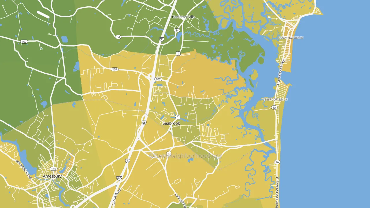 Map of the best neighborhoods in the 03874 area, with better matches in green and worse matches in red