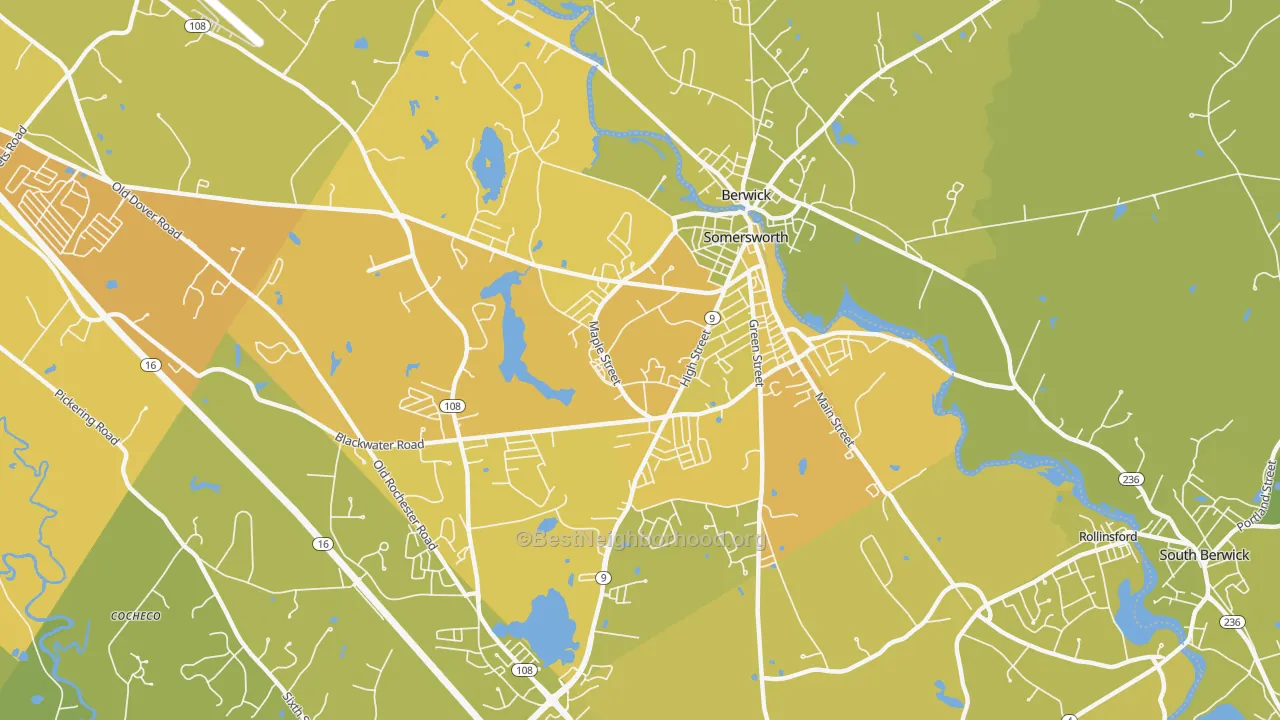 Map of the best neighborhoods in the 03878 area, with better matches in green and worse matches in red