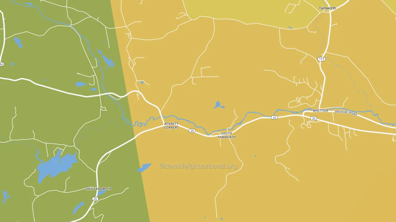 Map of the best neighborhoods in the 03883 area, with better matches in green and worse matches in red