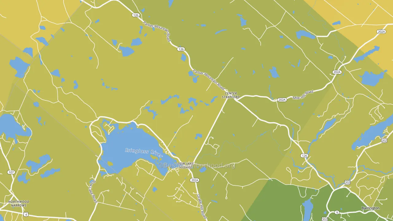 Map of the best neighborhoods in the 03884 area, with better matches in green and worse matches in red