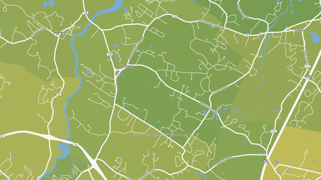 Map of the best neighborhoods in the 03885 area, with better matches in green and worse matches in red