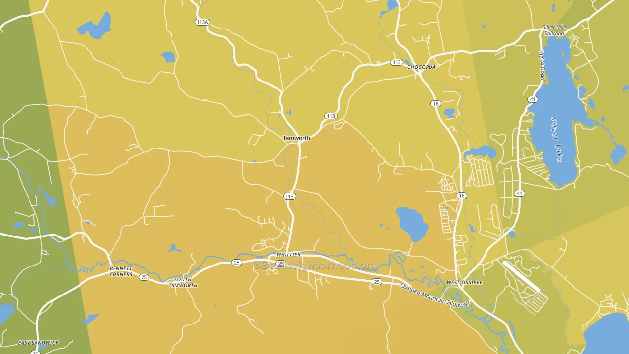 Map of the best neighborhoods in the 03886 area, with better matches in green and worse matches in red