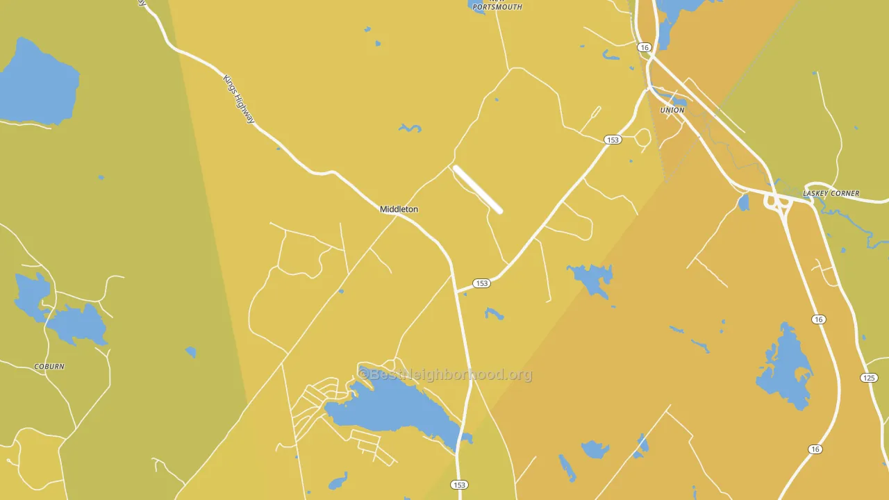 Map of the best neighborhoods in the 03887 area, with better matches in green and worse matches in red