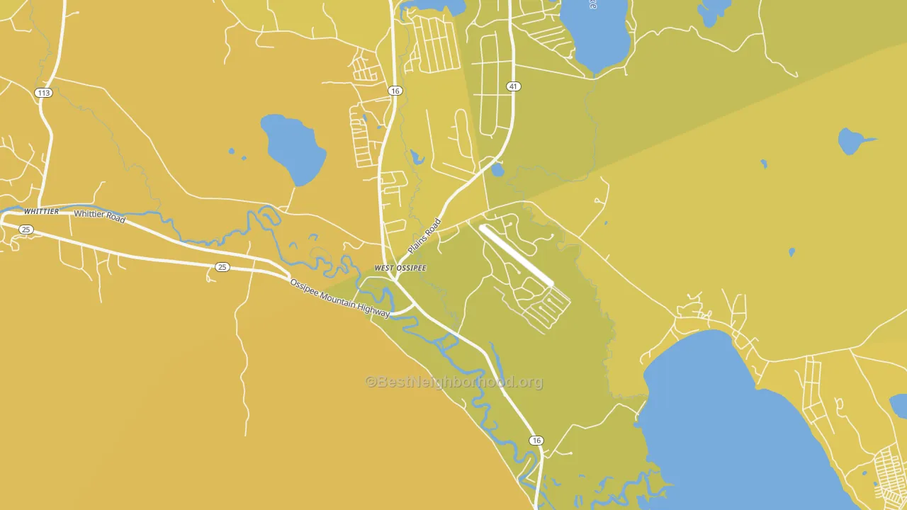 Map of the best neighborhoods in the 03890 area, with better matches in green and worse matches in red